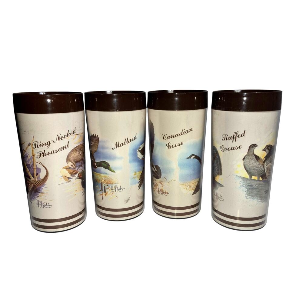 1970s Thermo-Serv Insulated Plastic Tumblers 12oz Set of 4 Wild Game Collection